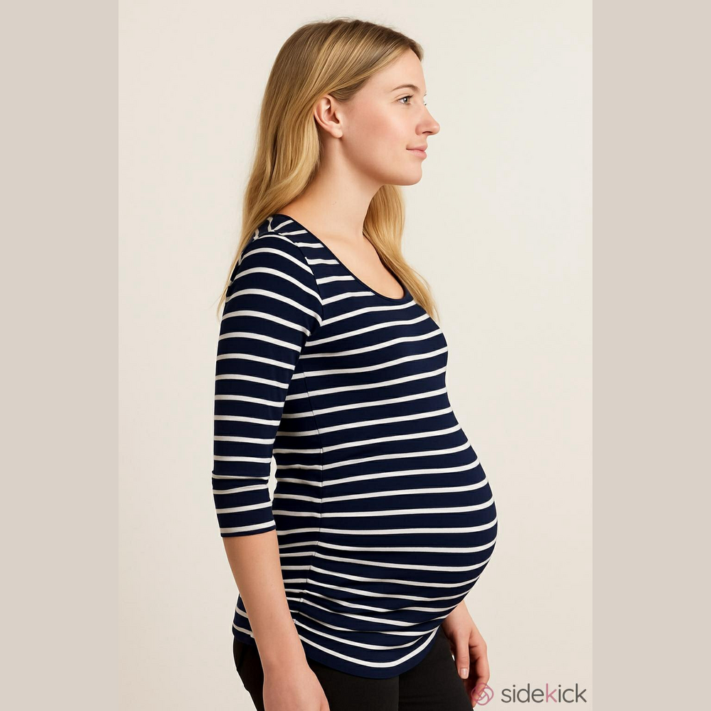 Motherhood Maternity Long Sleeve Striped Side Ruched Top Scoopneck Blue MED M